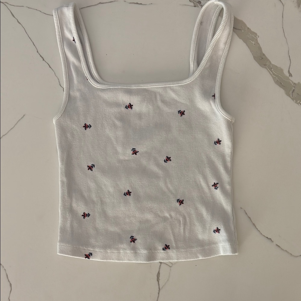 White Floral Print Ribbed Tank Top